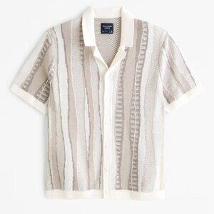 Abercrombie Jacquard Striped Button-Through Sweater Polo - Cloud Gray Stripe Med